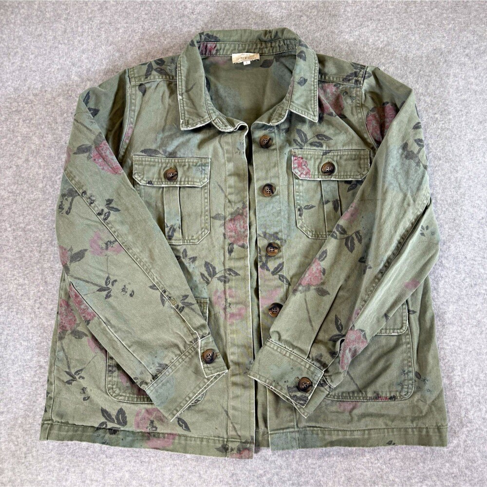 Lucky Brand Floral Print Utility Jacket Olive Green Military Cargo L Cotton Boho